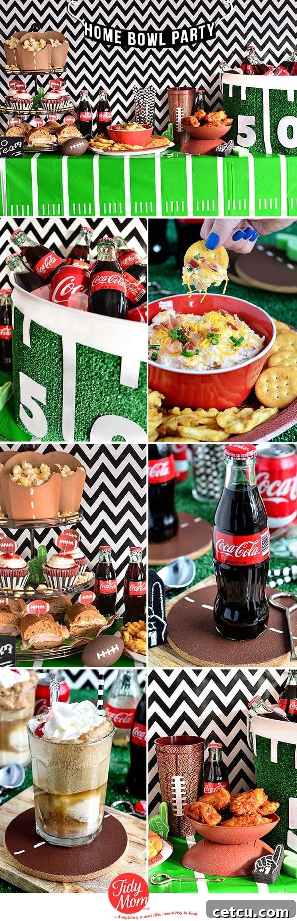 A vibrant collage showcasing various football party ideas, including food, drinks, and themed decorations for a lively Home Bowl event.