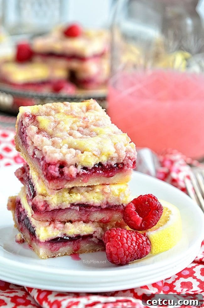 Zesty Raspberry Lemon Squares 5 Individual Raspberry Lemonade Bars arranged beautifully, showing the juicy raspberry layer and the creamy cheesecake beneath the streusel.