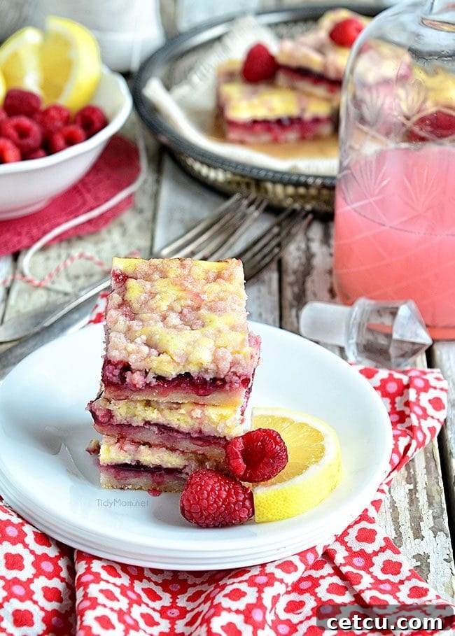Zesty Raspberry Lemon Squares 6 A generous slice of Raspberry Lemonade Bar on a plate, showcasing its vibrant layers and inviting texture, ready to be enjoyed.