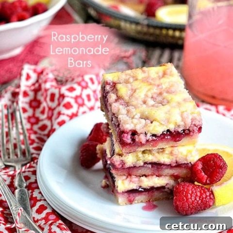 Raspberry Lemonade Bars recipe at TidyMom.net image, a delightful dessert featuring creamy cheesecake, tangy lemon, and sweet raspberries.