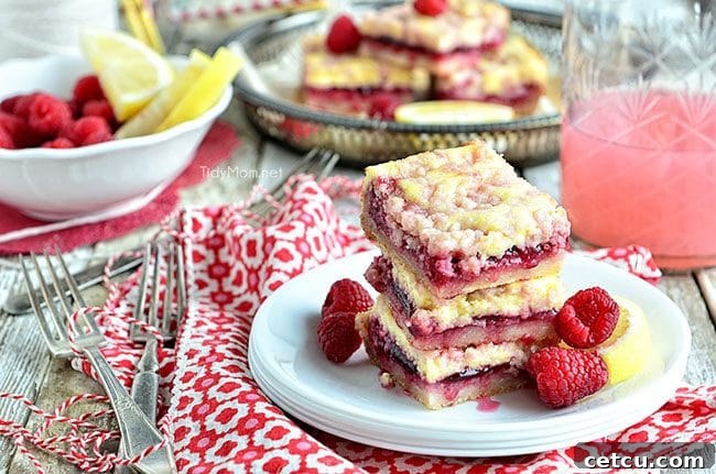 Zesty Raspberry Lemon Squares 9 A top-down view of Raspberry Lemonade Bars, showcasing the beautiful streusel topping and the vibrant colors of the fruit and cheesecake layers.