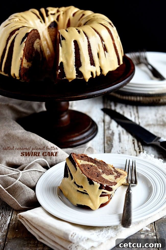 Salted Caramel Peanut Butter and Chocolate Bundt Cake Slice