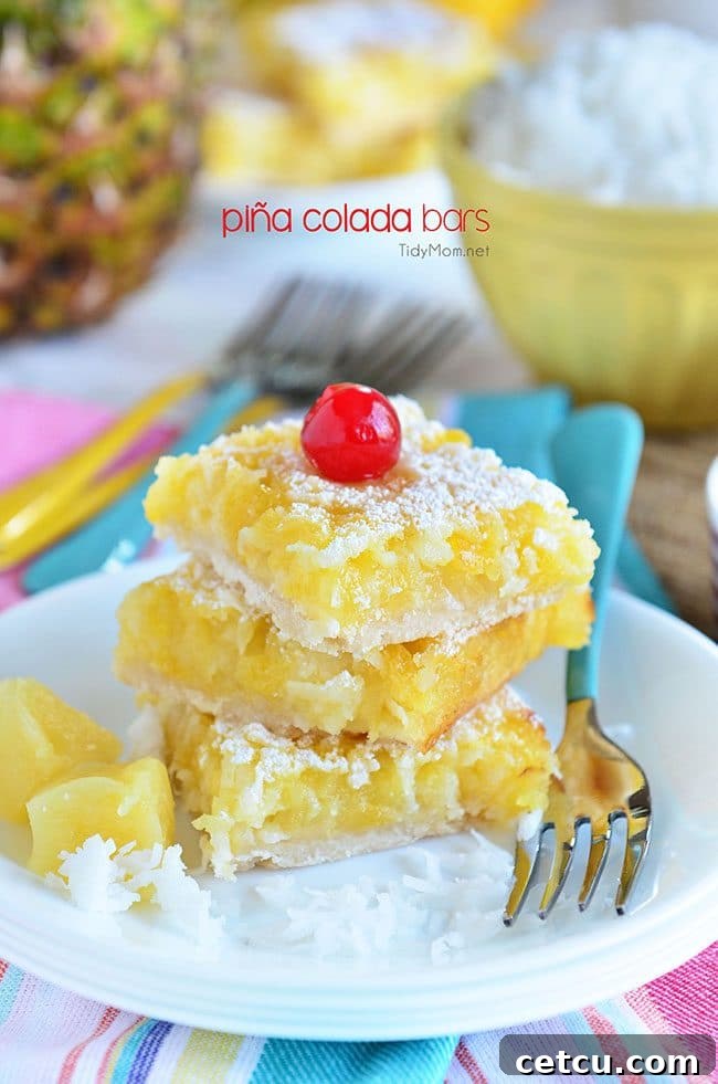 Channel the tropics, lounging on a white sandy beach, with these Pina Colada Bars. Enjoy the flavors of coconut and pineapple and consider it your ticket to a mental tropical paradise. Grab the recipe at TidyMom.net