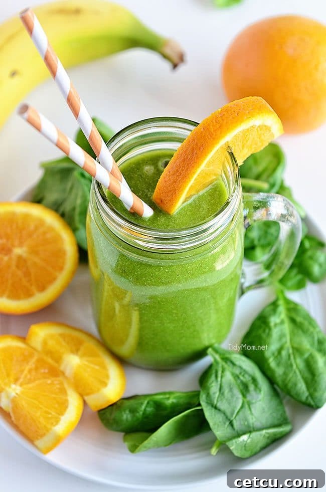 Energy Lift Tropical Green Smoothie on white plate, vibrant and refreshing