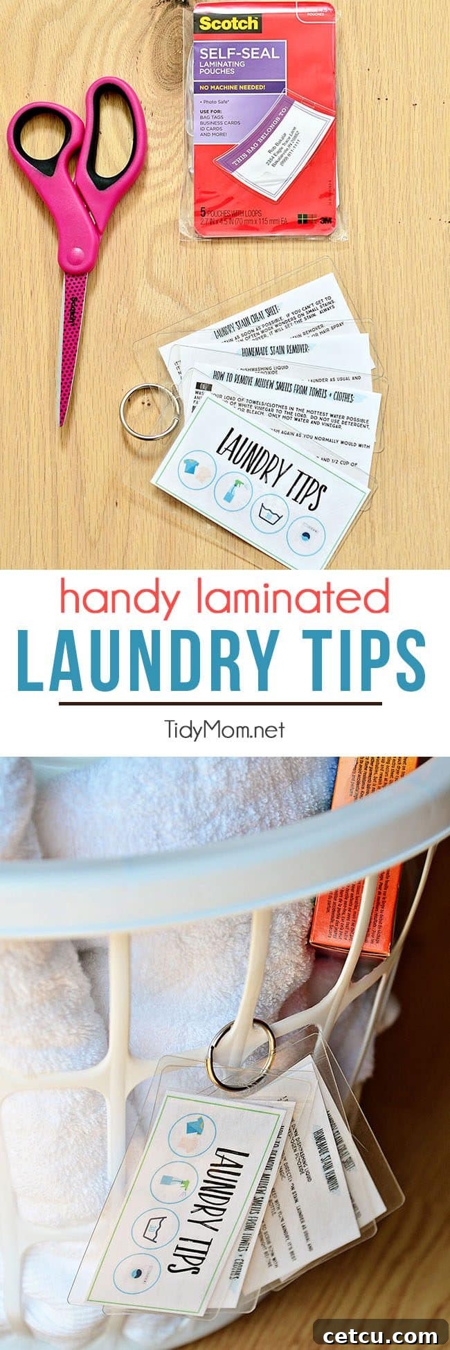 Keep these handy laminated laundry tips at your fingertips. Download and print for free, keep on a ring to hang on basket or on a hook in the laundry room. Use Scotch Self-Seal Laminating pouches and Free Printable Laundry Tips at TidyMom.net