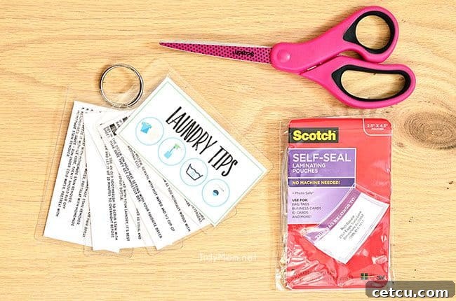 Laundry Tips and Cheat Sheets using Scotch Self-Seal Laminating pouches. Free printable at TidyMom.net