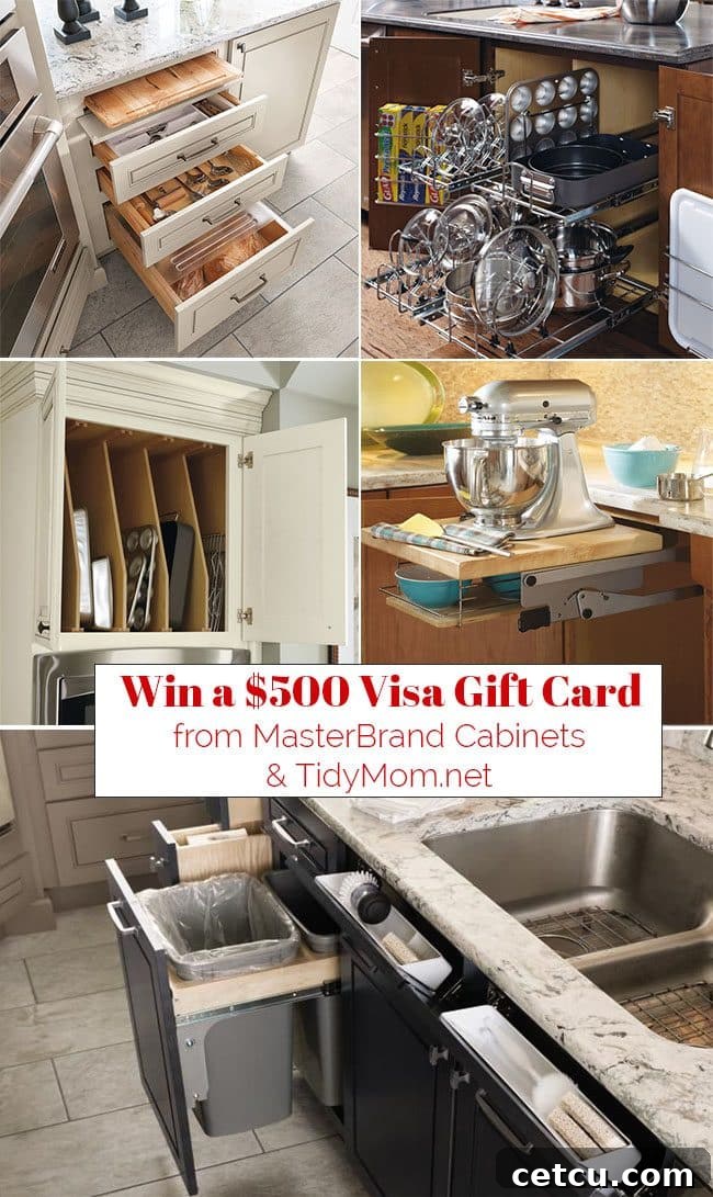 Discover smart organized kitchen cabinets by MasterBrand Cabinets, designed to keep everything within easy reach. Learn organization tips and enter to win a $500 Visa Gift Card from MasterBrand Cabinets and TidyMom.net
