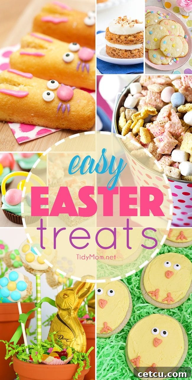 A vibrant collection of easy homemade Easter treats, including colorful cookies, mini cakes, and themed desserts, perfect for any Easter celebration or spring event.