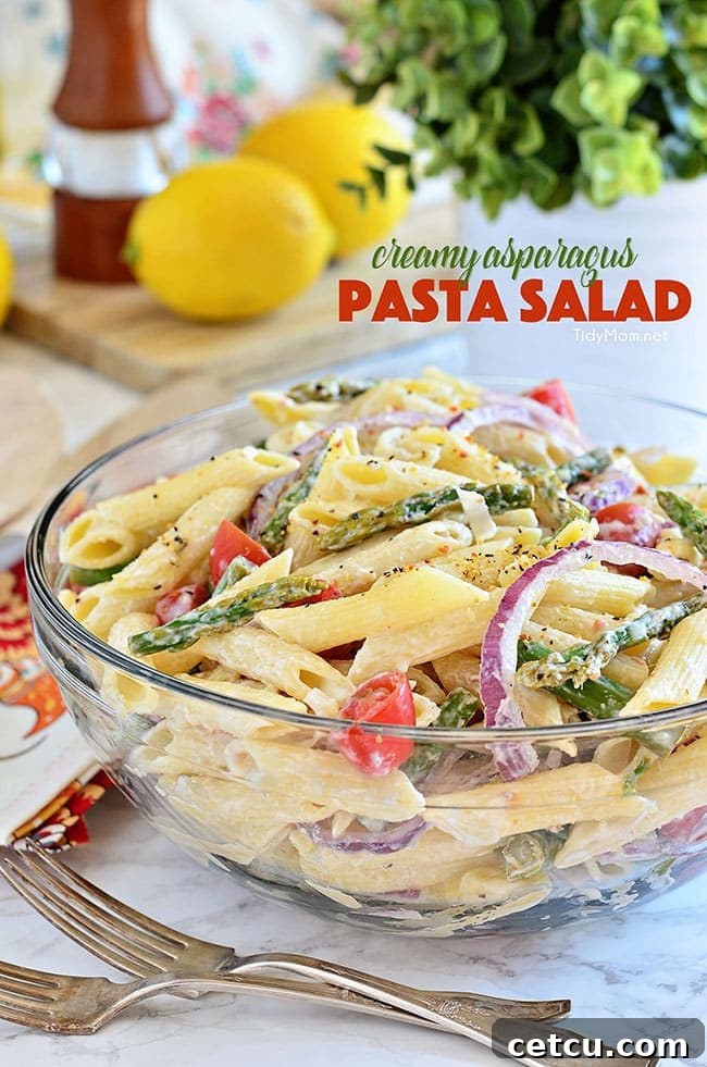 Creamy Asparagus Pasta Salad comes with an extra punch of flavor from fresh lemon juice and makes a perfect spring side dish. Add grilled chicken and it could be a meal all on it’s own. Recipe at TidyMom.net. An ideal make-ahead summer pasta salad.