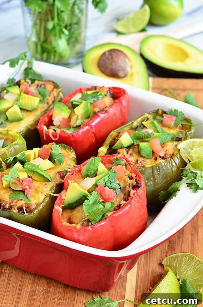 Fresh Bell peppers are filled with rice, browned ground beef seasoned with McCormick Organic Taco Seasoning, black beans, tomatoes, green chilies and cheese for an easy weeknight dinner with a southwest twist. Southwest Stuffed Peppers recipe at TidyMom.net