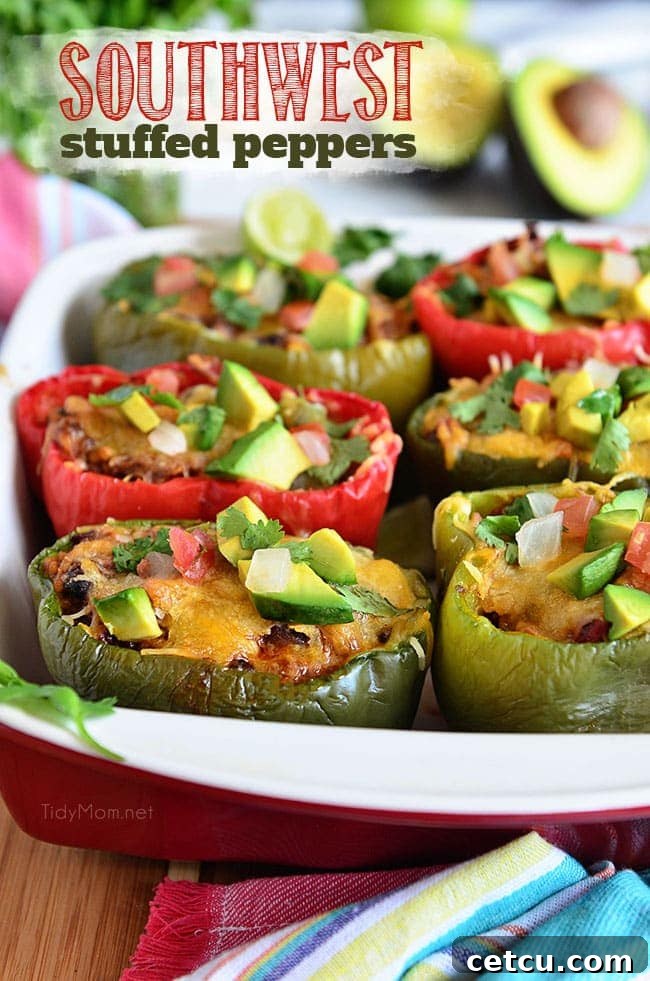Fresh Bell peppers are filled with rice, browned ground beef seasoned with McCormick Organice Taco Seasoning, black beans, tomatoes, green chilies and cheese for an easy weeknight dinner with a southwest twist. Southwest Stuffed Peppers recipe at TidyMom.net