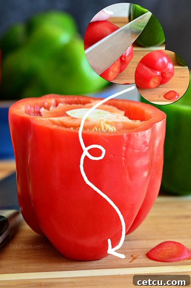 Shave the bottom of a bell pepper so they sit level in the casserole dish. Southwest Stuffed Peppers recipe at TidyMom.net