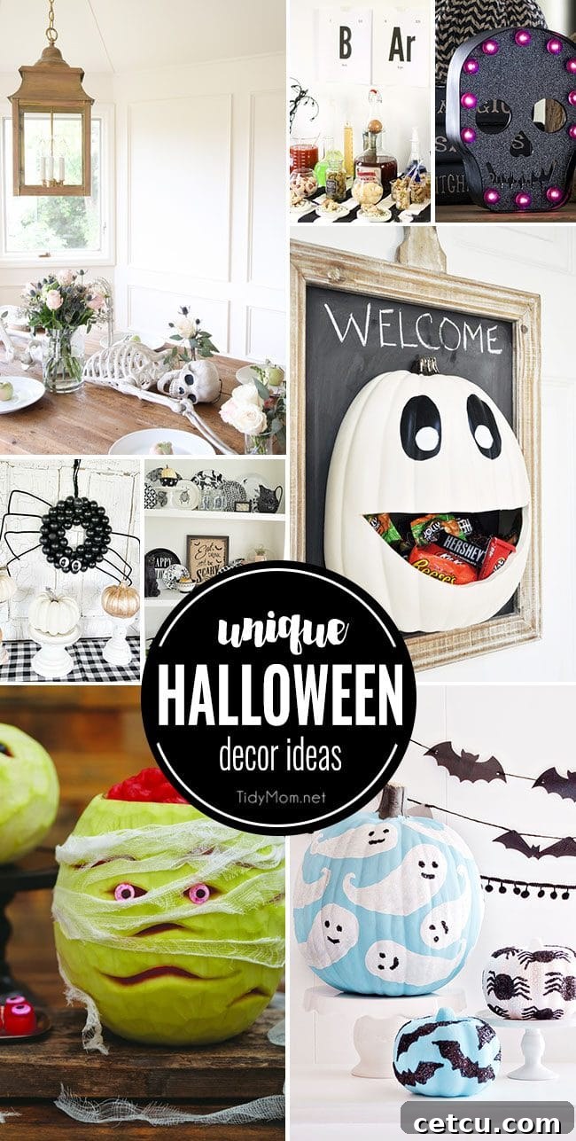Spooktacularly Unique Halloween Decor Ideas Collage: A collection of creative and festive decorations for a memorable Halloween celebration.