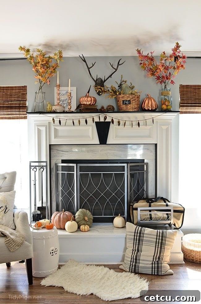 Fall Mantel with touches of copper and rosegold at TidyMom.net: An elegant autumn decor display featuring warm metallic accents.