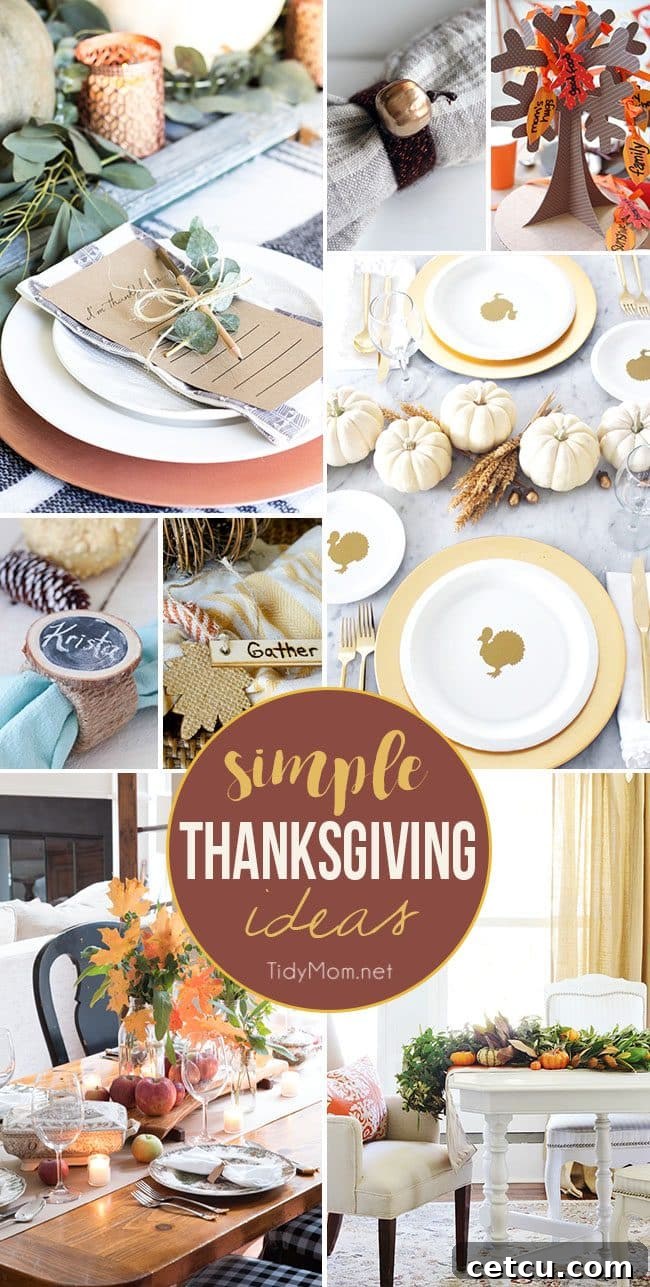 A beautiful collage of simple Thanksgiving table decor ideas, including napkin rings, centerpieces, and place settings.