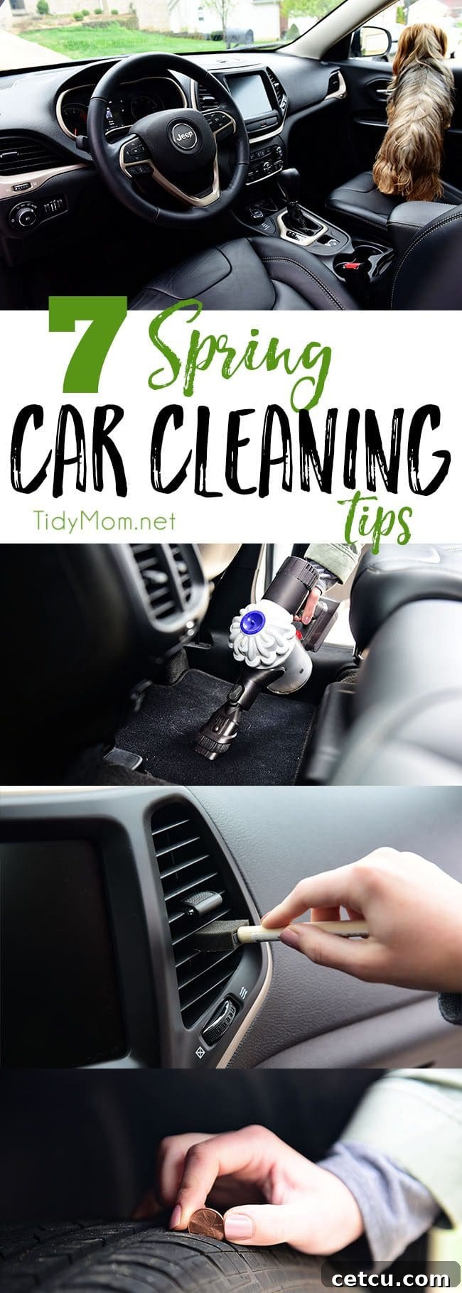 A collage of spring car cleaning tips showing various cleaning steps.