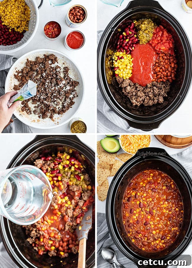 A photo collage showing the step-by-step process of making Slow Cooker Taco Soup, from ingredients to finished product.