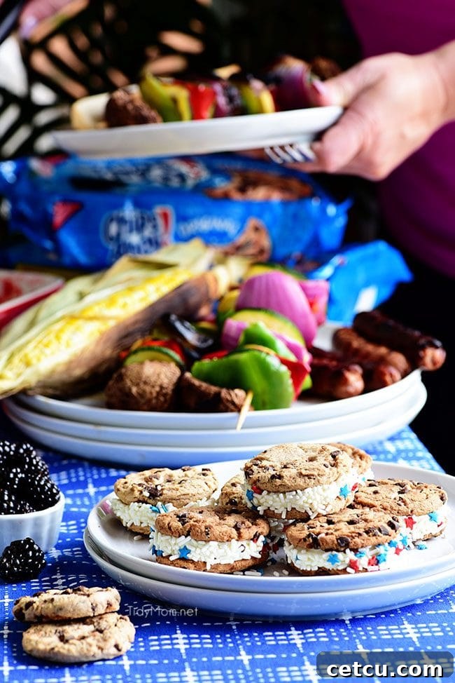 Two irresistible chocolate chip cookie sandwiches, bursting with frosting and sprinkles, stacked on a plate.