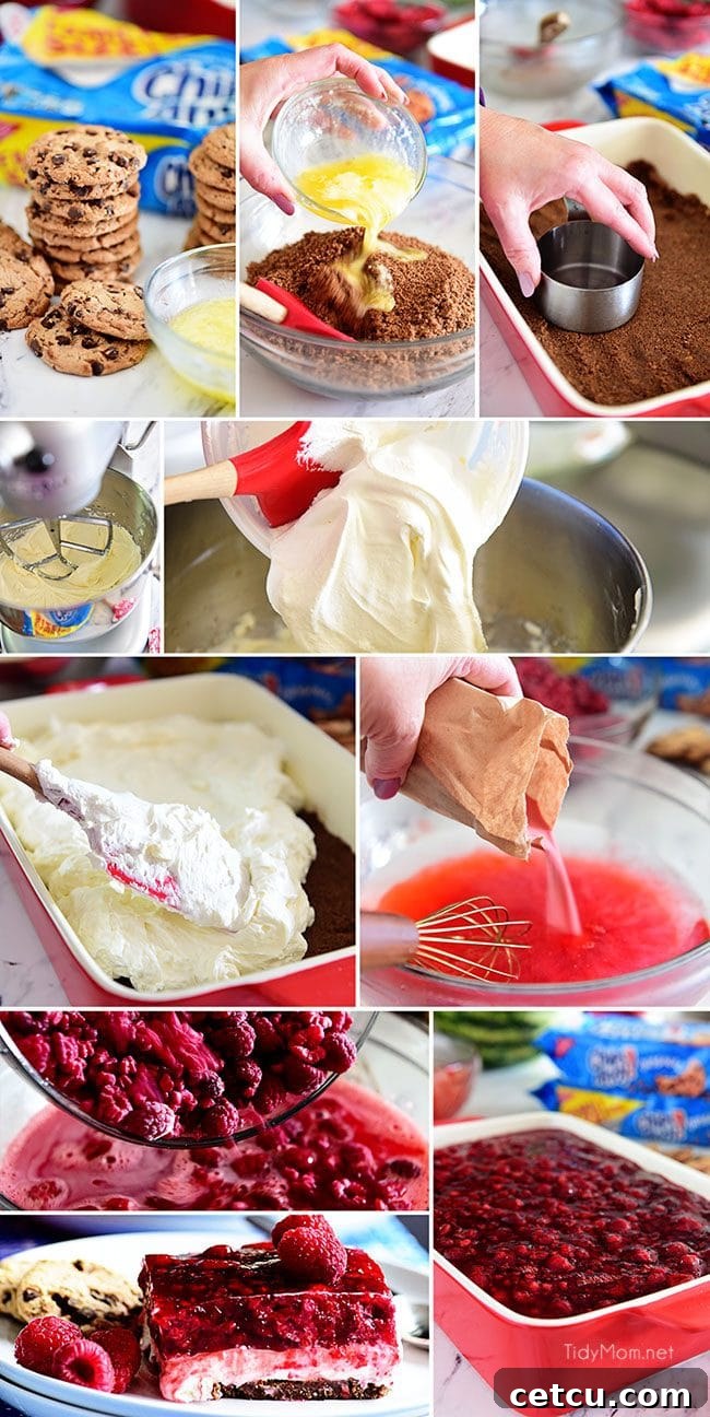 Step-by-step assembly of the No-Bake Raspberry Cheesecake, showing the cookie crust being pressed into the pan.