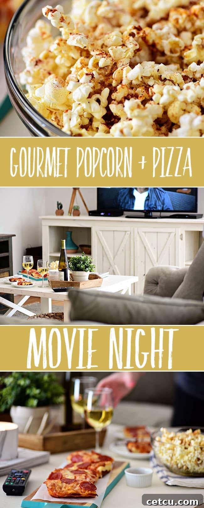 A vibrant collage of images showcasing the perfect pizza and popcorn movie night. Features include DIGIORNO pizza, Sweet Heat Maple-Chili Gourmet Popcorn, wine, and a couple enjoying their at-home date. Inspiration for a fun and easy evening, with the popcorn recipe on TidyMom.net.