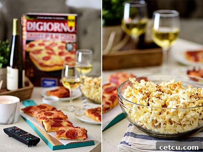 A close-up of a freshly baked DIGIORNO Crispy Pan Pizza, perfect for a cozy movie night. Paired with Sweet Heat Maple-Chili Gourmet Popcorn, this simple meal transforms any evening into a special at-home date. Recipe for popcorn available at TidyMom.net