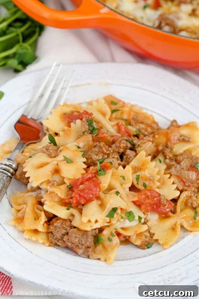 One-pan Cheesy Beef & Tomato Skillet, a quick and comforting family dinner solution.