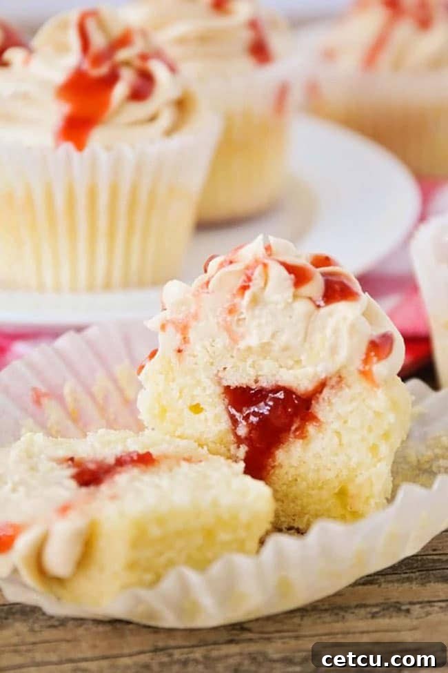 Nostalgic Peanut Butter & Jelly Cupcakes, a fun treat for kids and adults alike.