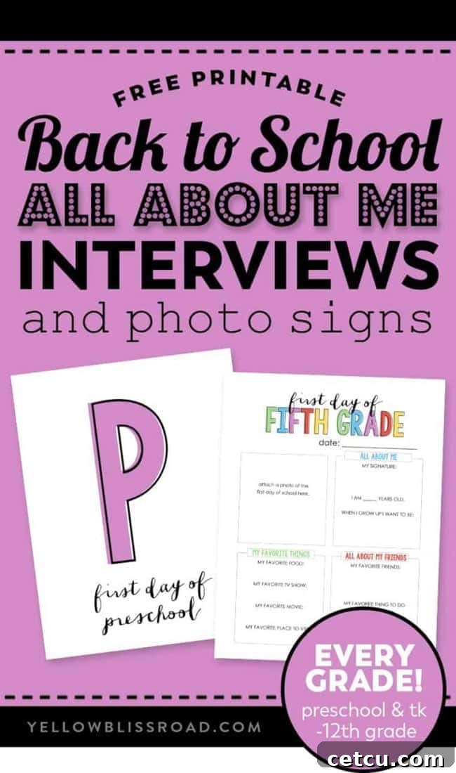 First Day of School 'All About Me' interview printables for kids, a lovely keepsake.