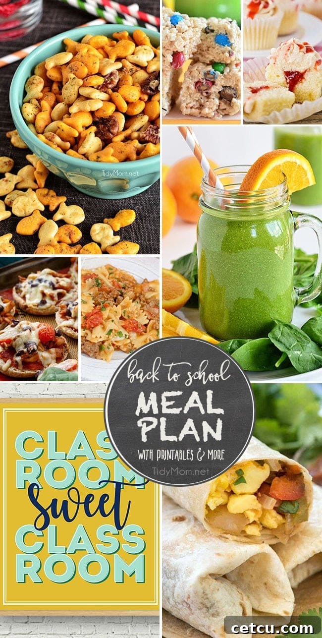 Large collage image of back-to-school recipes and printables, designed for Pinterest sharing.