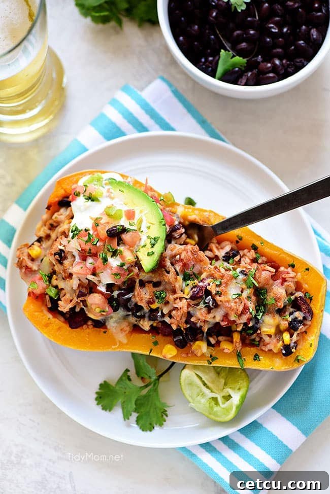 Plated Southwest Black Bean Stuffed Butternut Squash with Bush’s Beans