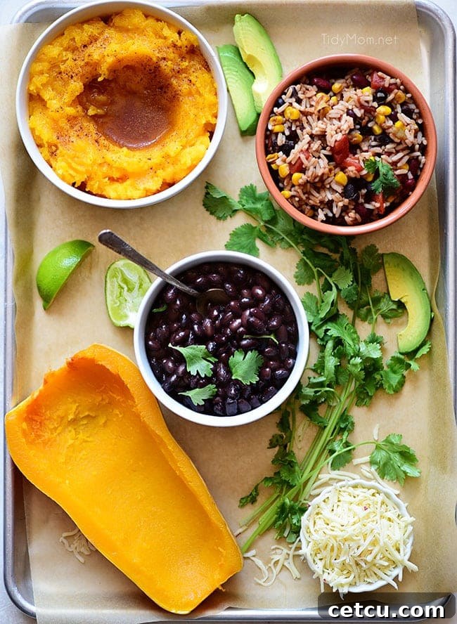 Southwest Black Bean Stuffed Butternut Squash on a tray