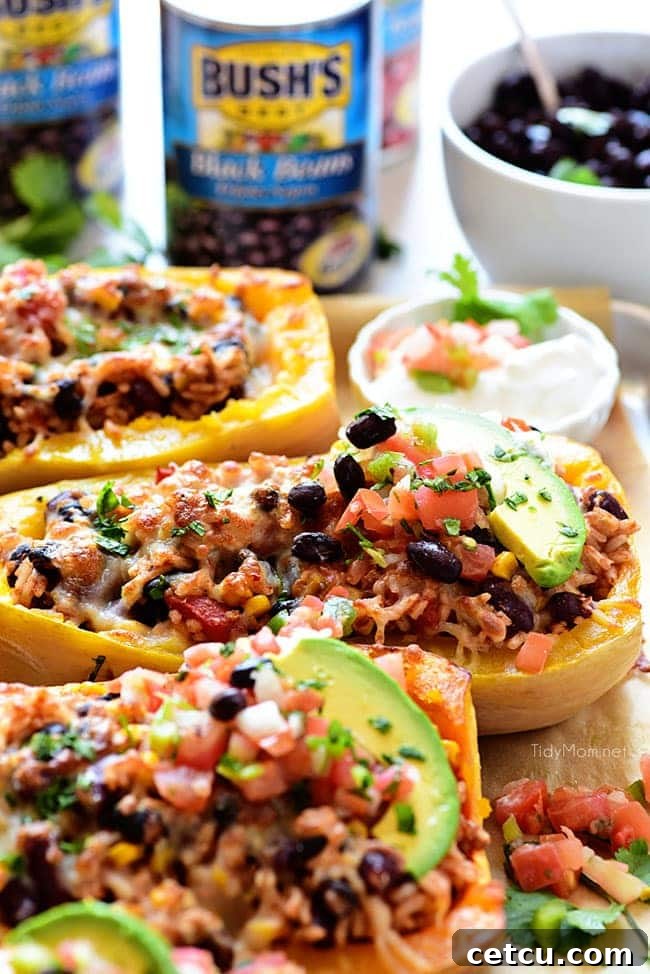 Southwest Black Bean Stuffed Butternut Squash recipe finished