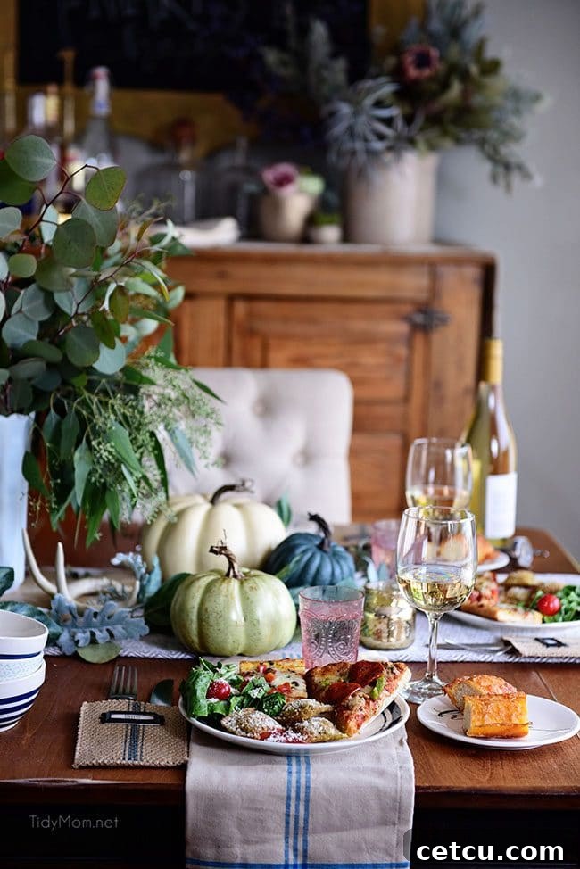 Fall entertaining. Simple and elegant. Green and blue fall tablescape with a stress-free, hot from the oven meal idea. Get all the fall entertaining ideas and tips at TidyMom.net