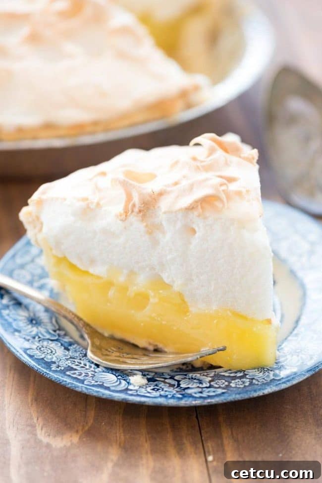 A classic Lemon Meringue Pie from Crazy for Crust, featuring a tall, perfectly browned meringue topping.