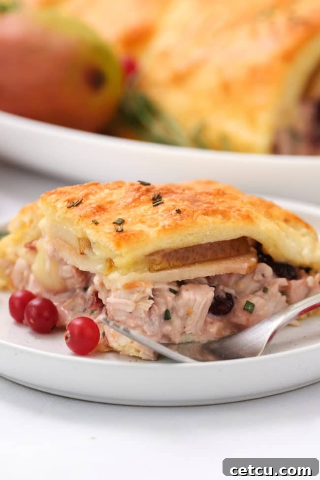 A golden-brown Cranberry Pear Turkey Crescent Braid, beautifully baked and presented, ideal for repurposing Thanksgiving leftovers.