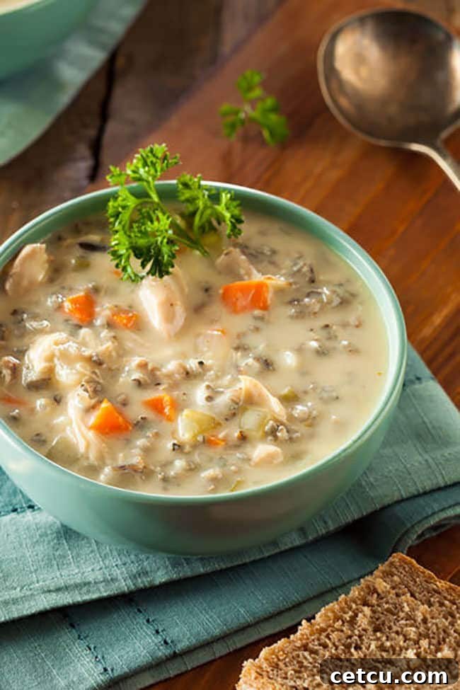 A blue bowl filled with Creamy Chicken and Wild Rice Soup, garnished with fresh herbs, showcasing its rich and comforting texture.