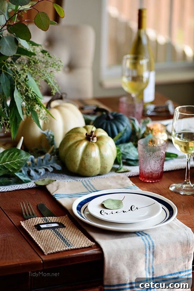 A Friends Plate: Seasonal Simplicity Blue and Green Fall Tablescape, showcasing a unique and elegant fall table centerpiece with non-traditional colors.