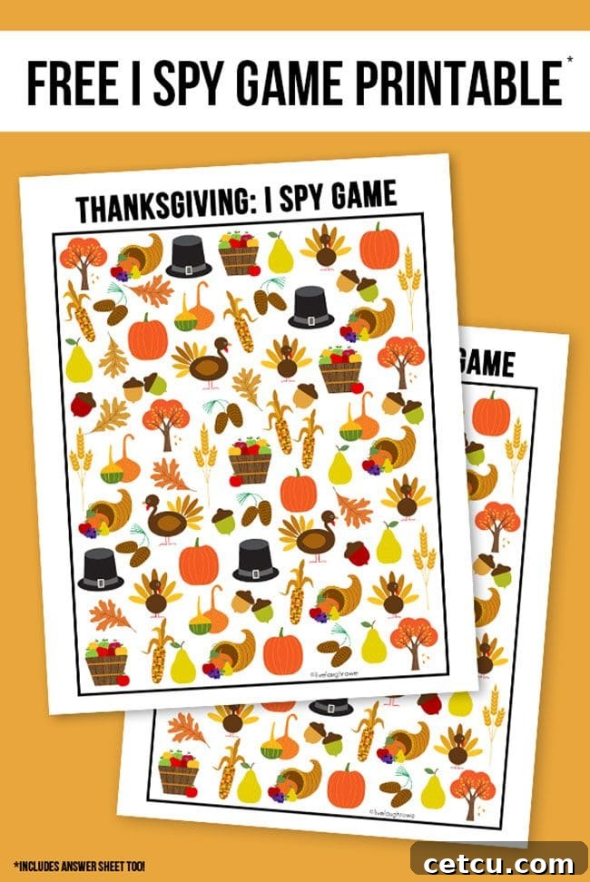 A colorful Thanksgiving I Spy Printable game sheet from Live Laugh Rowe, featuring various hidden Thanksgiving-themed objects.