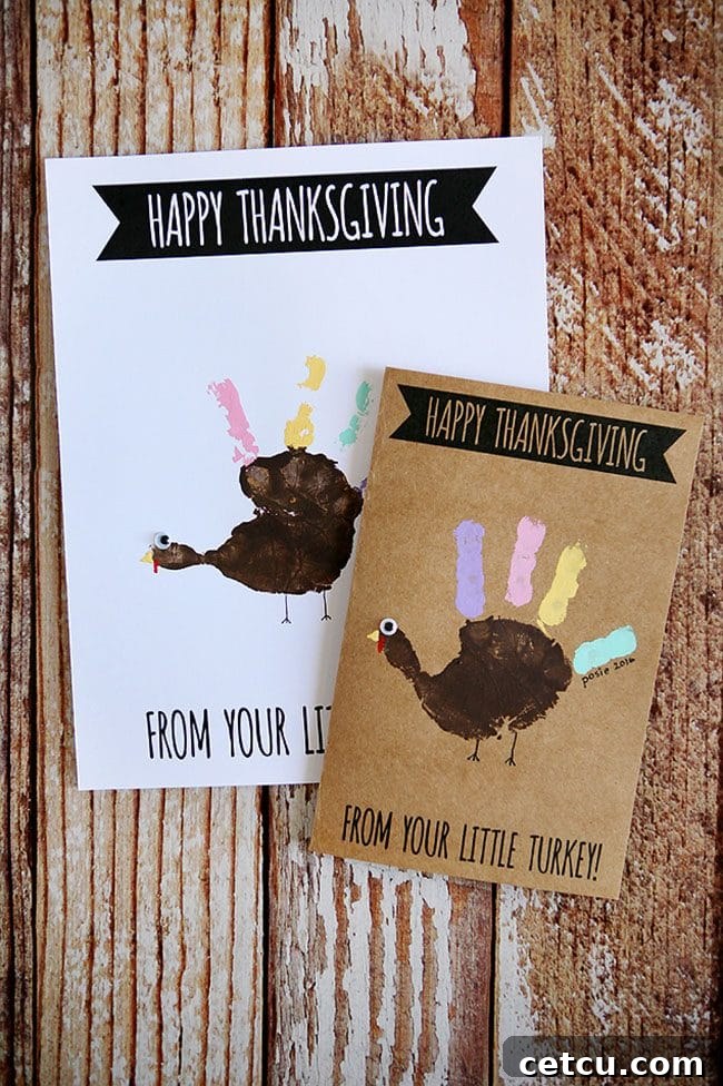 Adorable Handprint Turkey Cards from Eighteen25, showcasing colorful handprint turkeys, perfect as a Thanksgiving craft for kids.