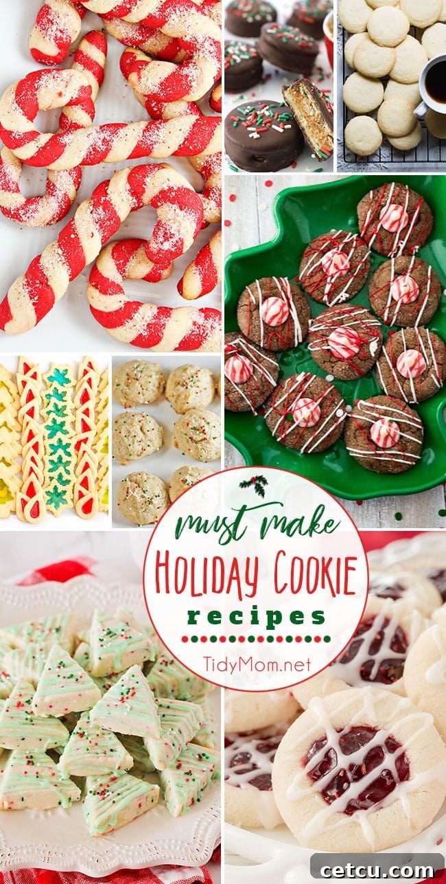 A collage of various delicious holiday cookies, perfect for Christmas parties and cookie exchanges. Features shortbread, thumbprint, dipped, and stained glass cookies.
