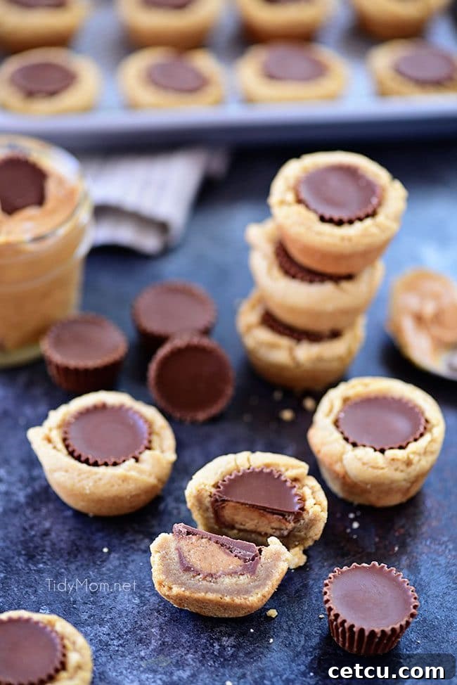 A baking tray filled with mini muffin pans, each holding a freshly baked Peanut Butter Cup Cookie, glistening and ready to be enjoyed.
