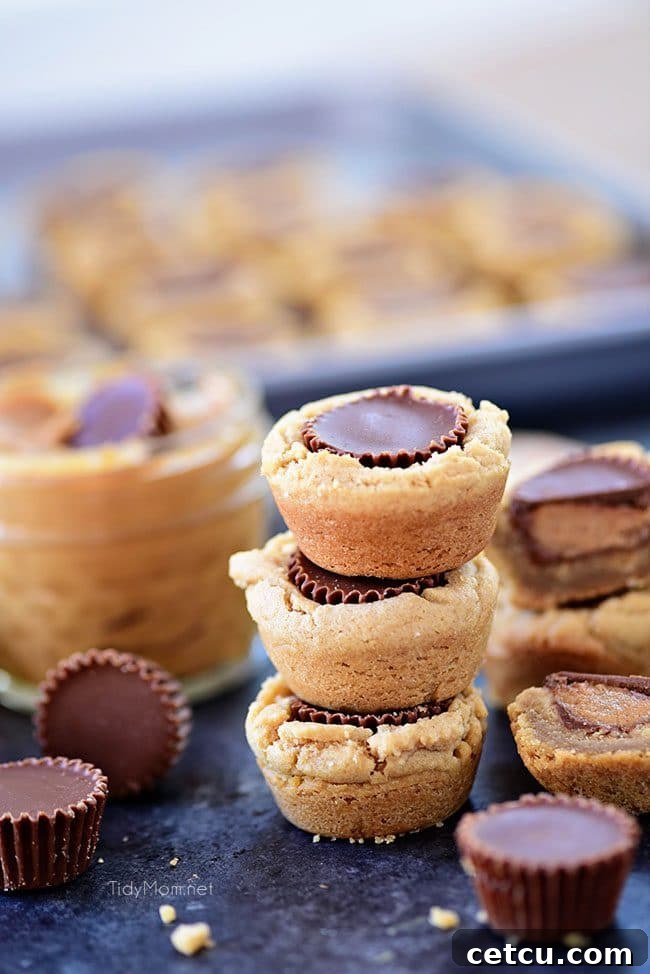 A beautifully arranged stack of Peanut Butter Cup Cookies on a wire rack, showcasing their uniform shape and tempting appearance, ready to be devoured.