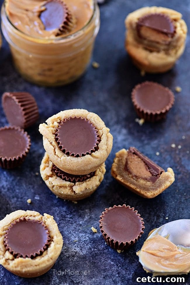 An overhead shot of several Peanut Butter Cup Cookies, showing their perfectly rounded tops and the subtle texture of the peanut butter cookie base.