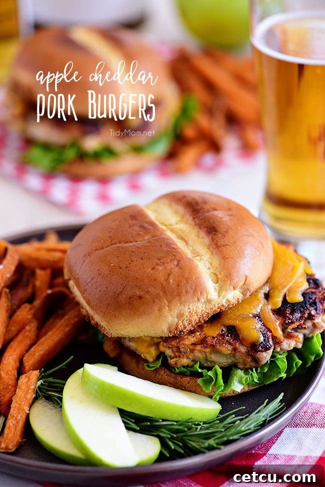 Juicy Apple Cheddar Pork Burgers, a simple 5-ingredient dinner solution packed with flavor from tart apples and sharp cheddar, appealing to all ages.