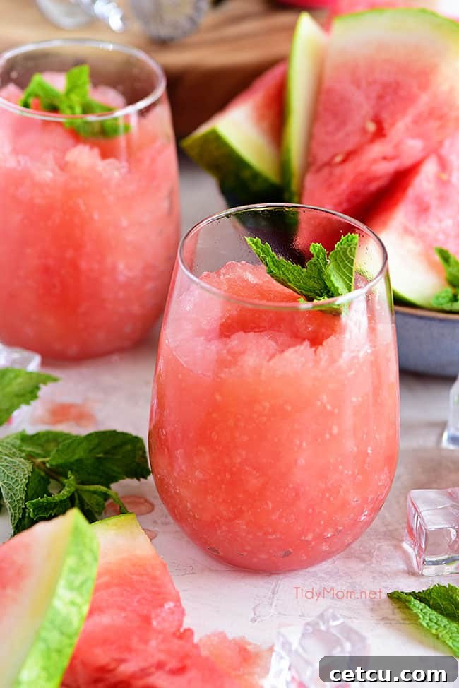 A vibrant red Watermelon Grapefruit Wine Slush in a glass, garnished with fresh mint, sitting on a patio table. This is the perfect refreshing summer drink for any backyard BBQ or gathering.