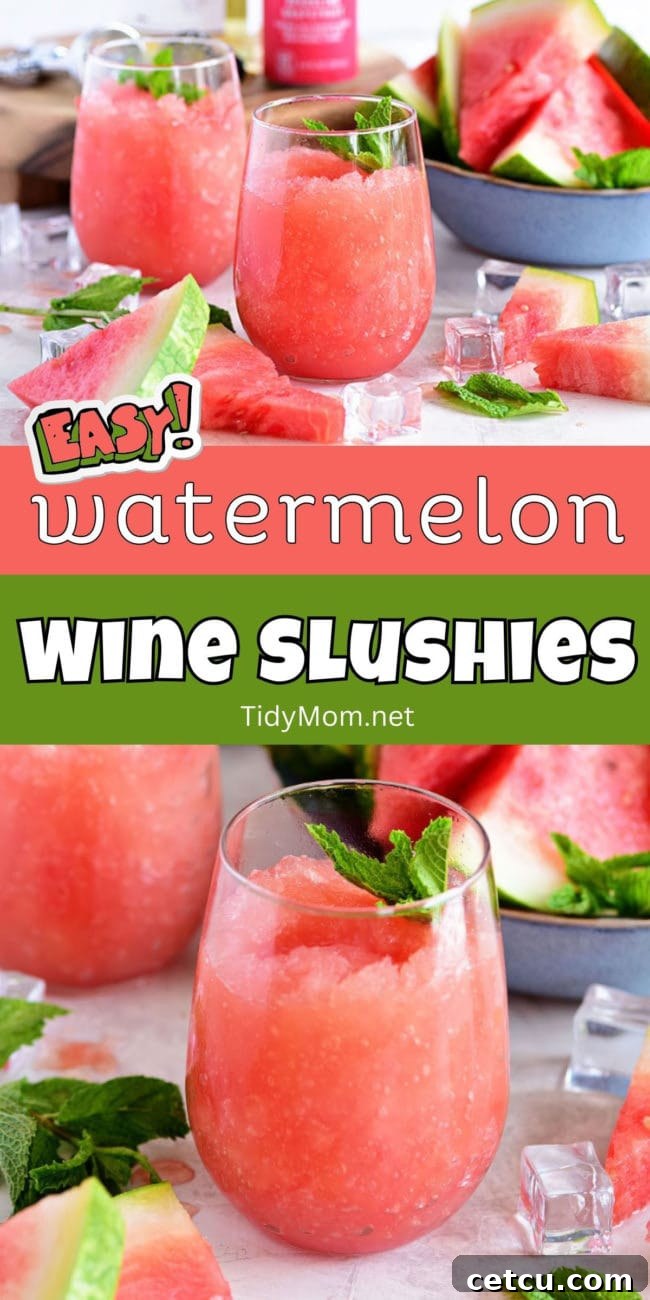 A vibrant photo collage showcasing the watermelon wine slushie preparation steps and final serving. Features fresh watermelon, wine, and the finished frozen cocktails.
