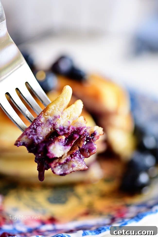 A single Homemade Blueberry Pancake, perfectly fluffy and filled with berries, expertly pierced by a fork, showcasing its soft interior and inviting texture for a delicious bite.