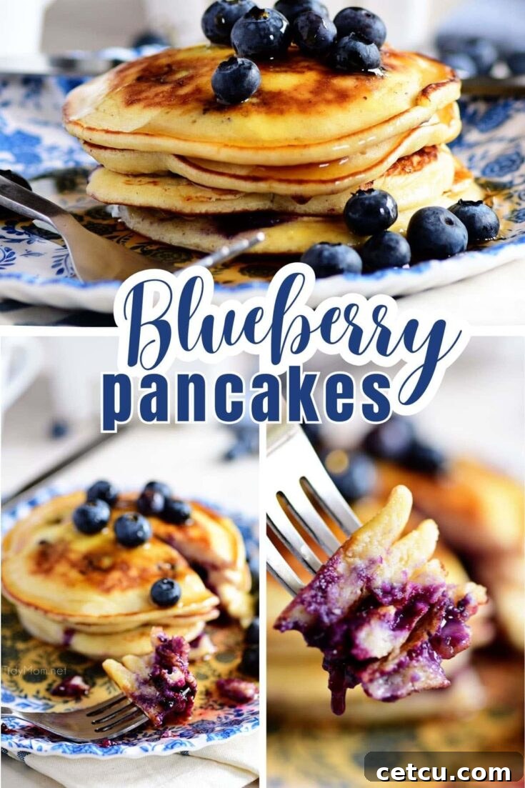 Homemade Blueberry Pancakes recipe pin. Soft, fluffy, and packed with juicy blueberries, these buttermilk pancakes are an easy breakfast or dinner hit. Full recipe, tips, and video at TidyMom.net