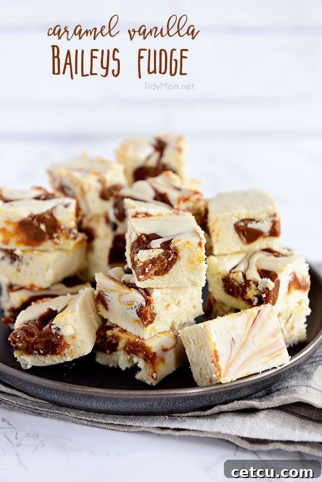 Baileys Fudge piled on a plate, showcasing its creamy texture and caramel swirls.