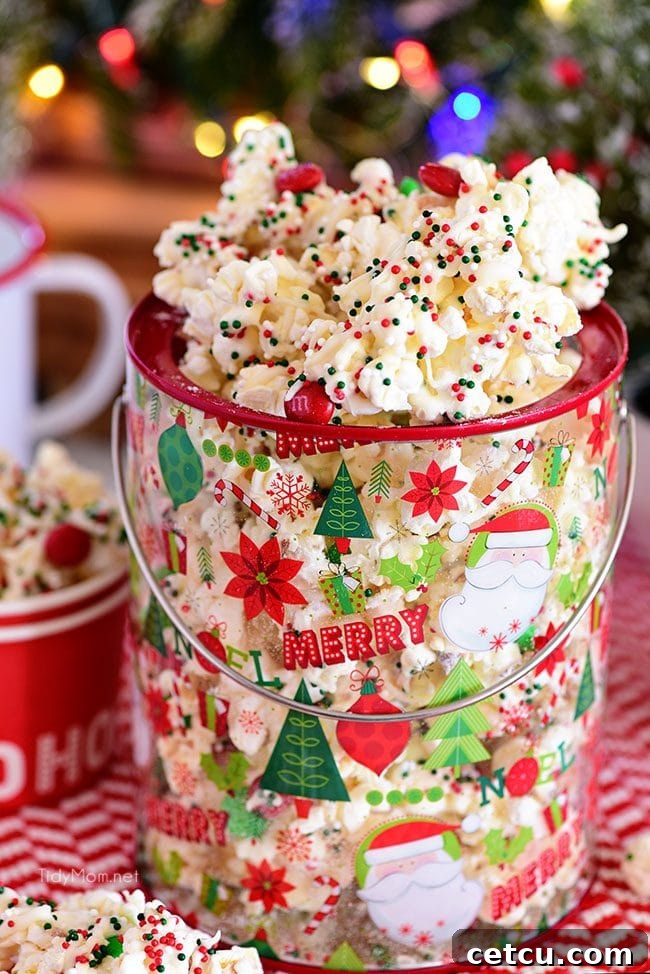 Christmas Popcorn in a festive bucket, ready to be served or given as a gift.